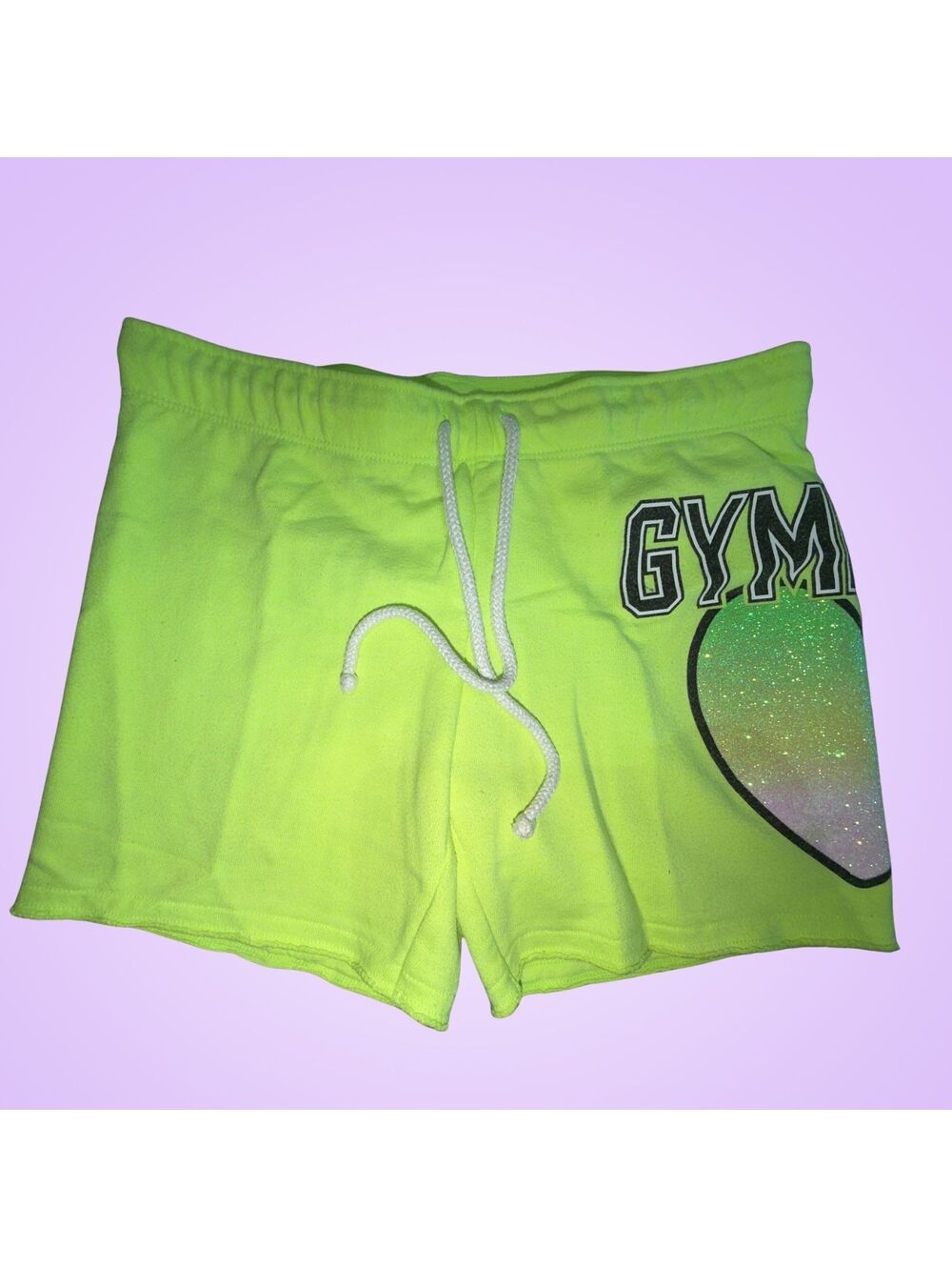 Justice Girls Size 10 Neon Green Gymnast Sweat Shorts Glitter Heart Drawstring